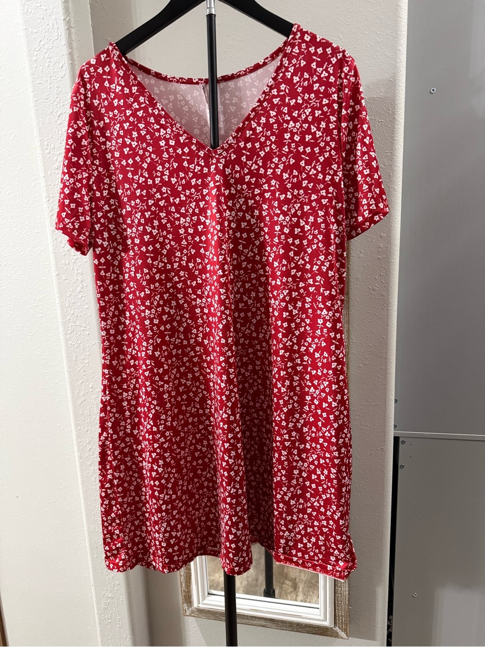 Red Short-Sleeve V-Neck Swing Dress